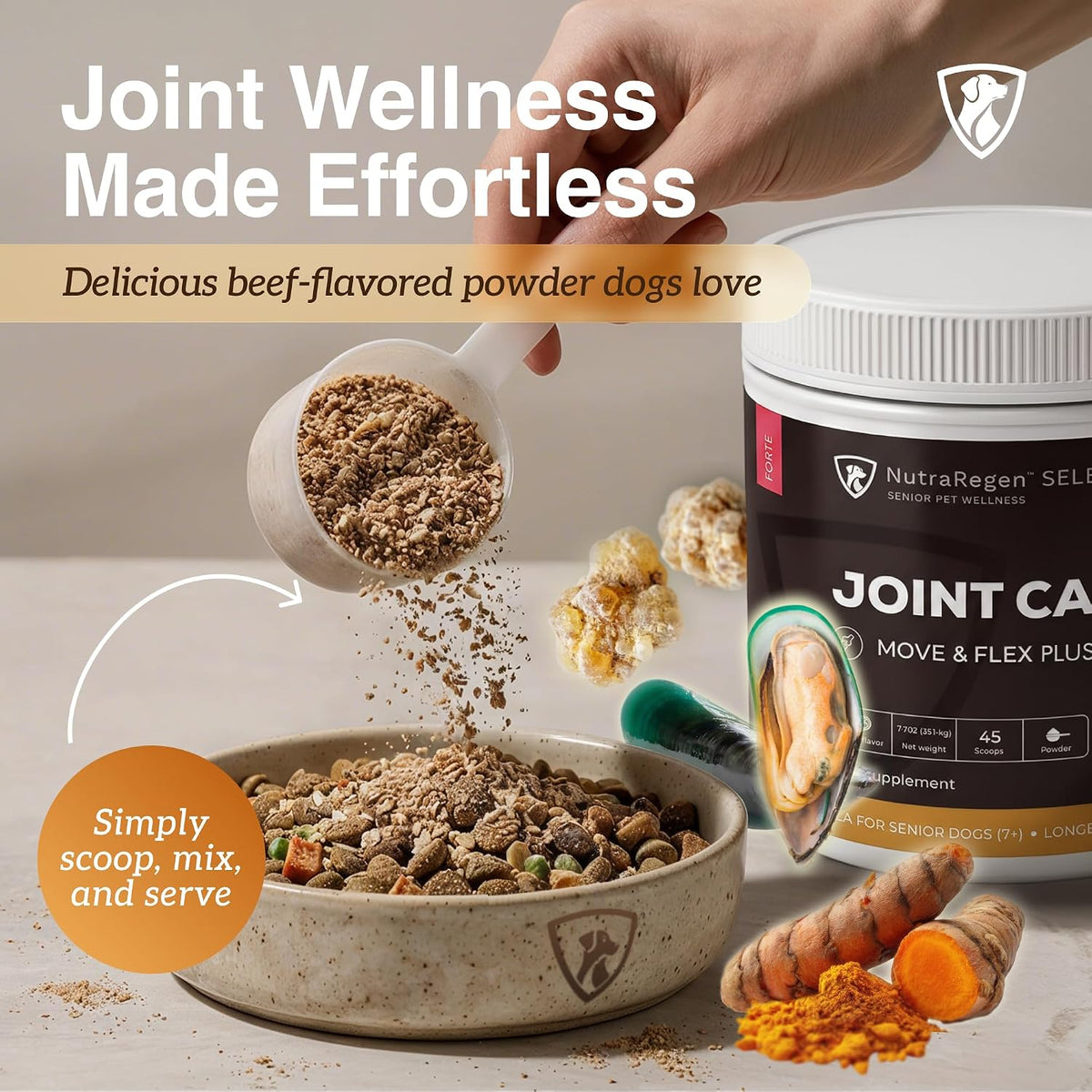 NutraRegen Joint Care powder mixed with dog food