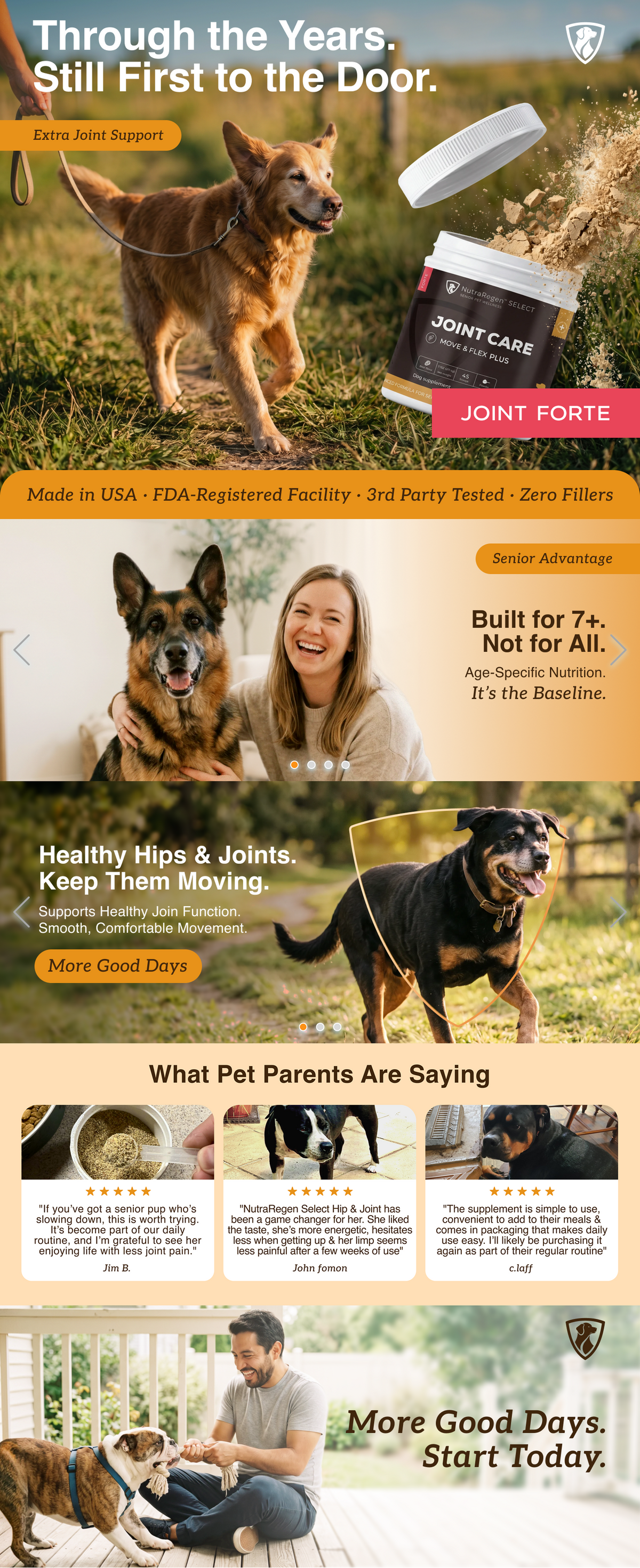 A long promotional webpage banner for a dog joint supplement called 'Joint Forte' by 'Paw of Nature'. The banner features multiple photos of dogs, a woman, and a dog trainer, along with text sections, testimonials, and product packaging.