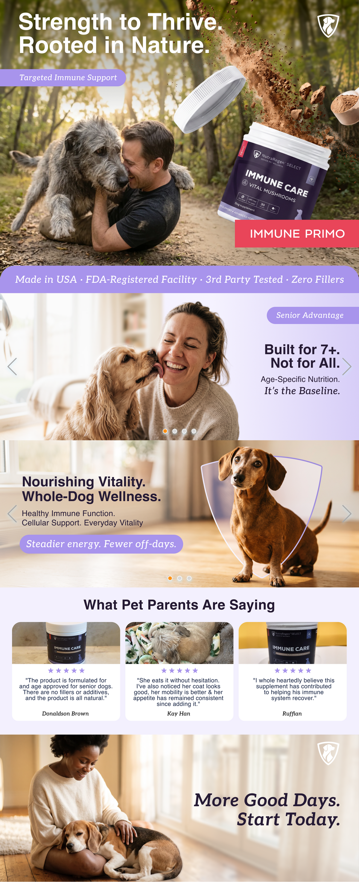 A long promotional collage for a pet supplement and related pet products. The layout includes multiple product photos, text blocks, ingredient callouts, and small inset images, all arranged like an editorial marketing page rather than a single clean product shot.
