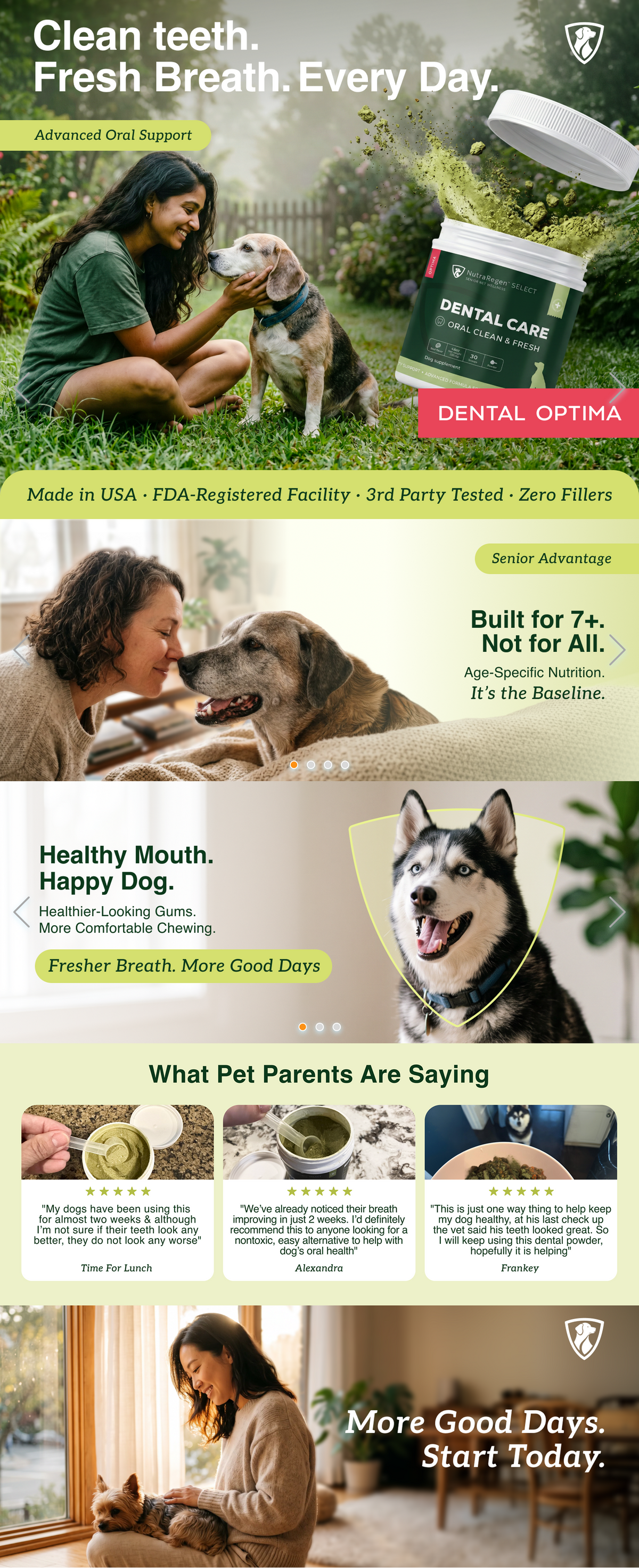 A long promotional webpage banner for pet dental filters, featuring multiple product photos, text callouts, and customer testimonials. The page includes a hero section with a white jar and filter packaging, a man and dog outdoors, a dog portrait, and several smaller marketing panels with logos and product images.